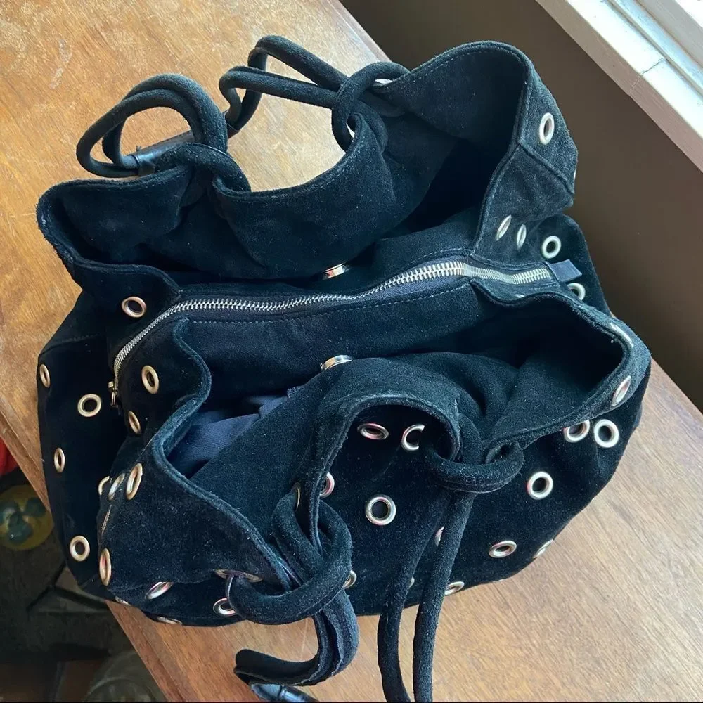 VTG 90s Jane August Luxury Black Suede Silver Grommet Eyelet Hobo Bag Purse